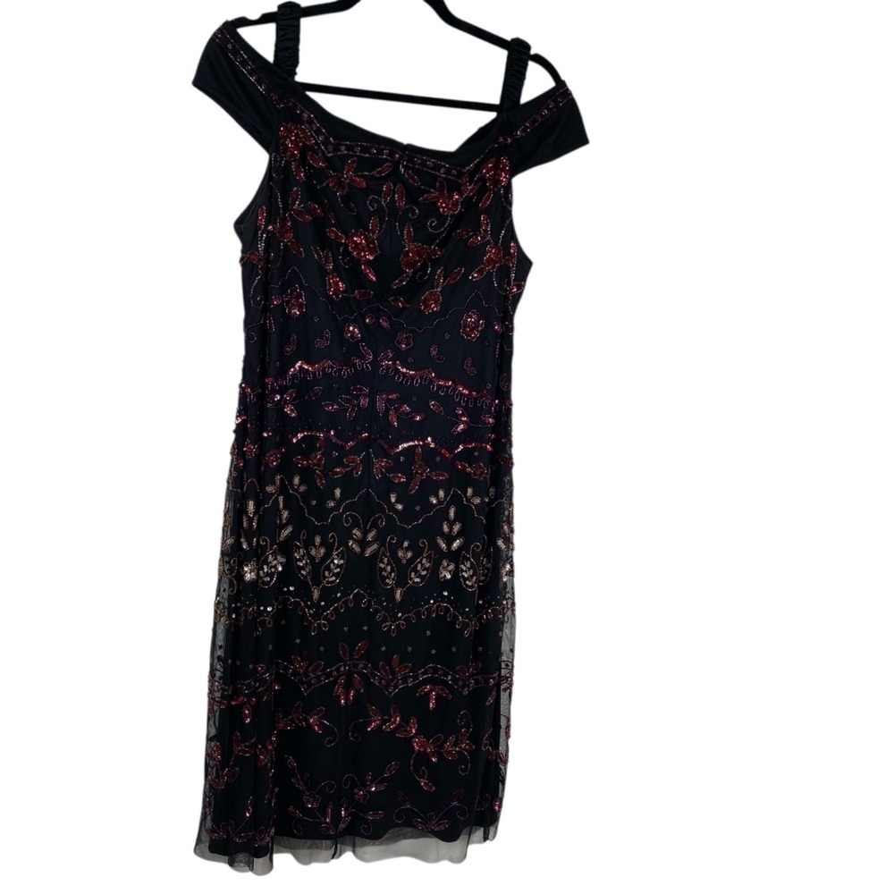 Adrianna Papell Women's Off Shoulder Beaded Sequins Cocktail Dress Black Sz 14 - Picture 2 of 16